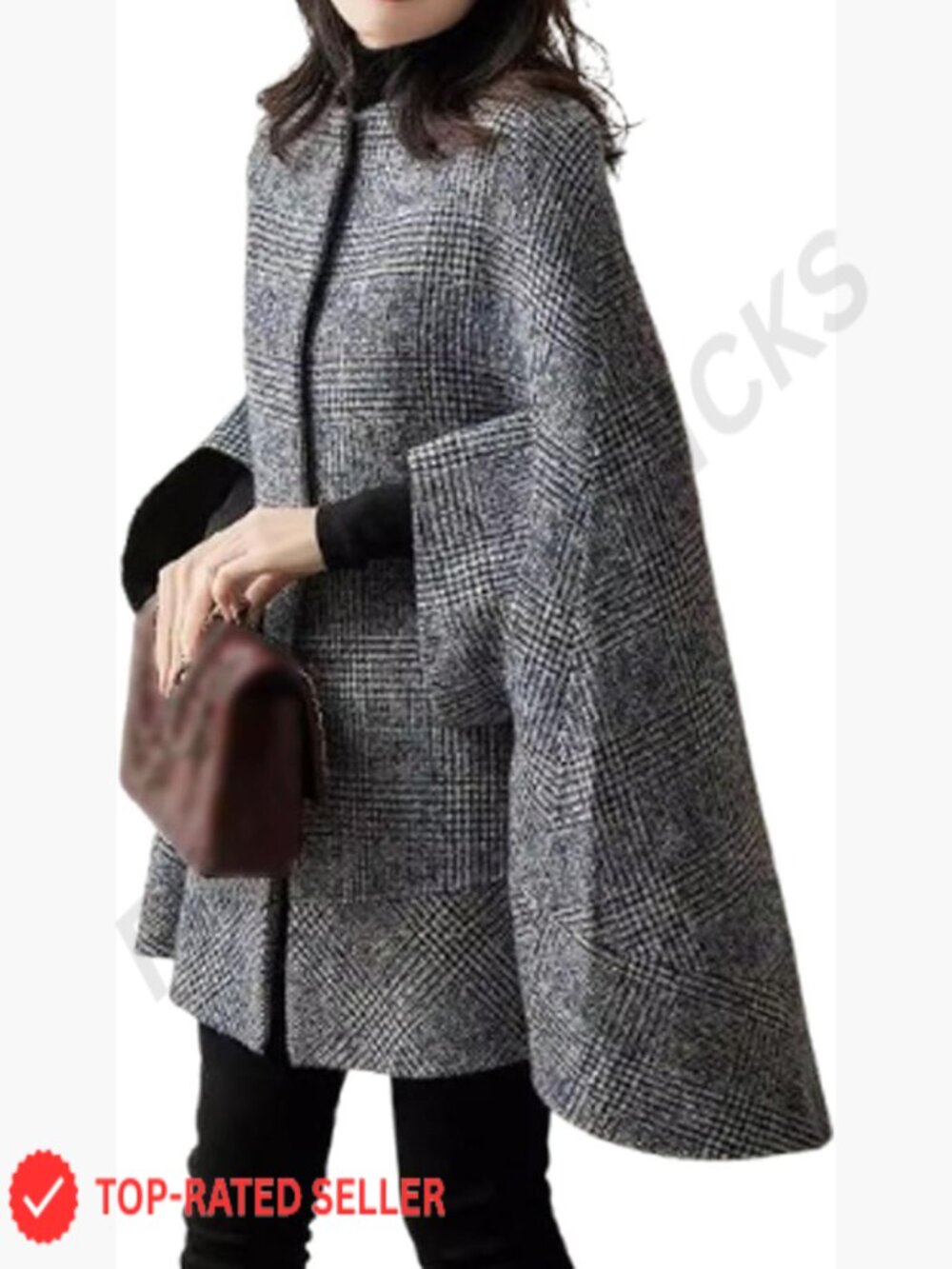 Women's Cape Coat 3/4 Sleeve Plaid Poncho Jacket Loose Fit Elegant Winter
